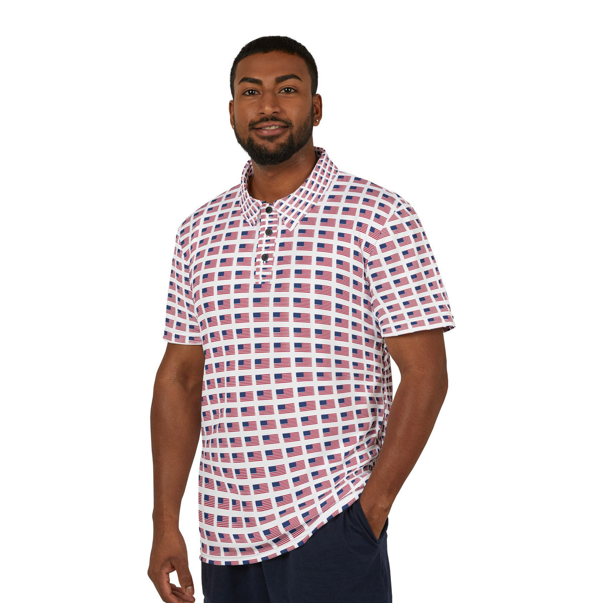American Flag Grid Polo Shirt — All-Over Print Patriotic Polo