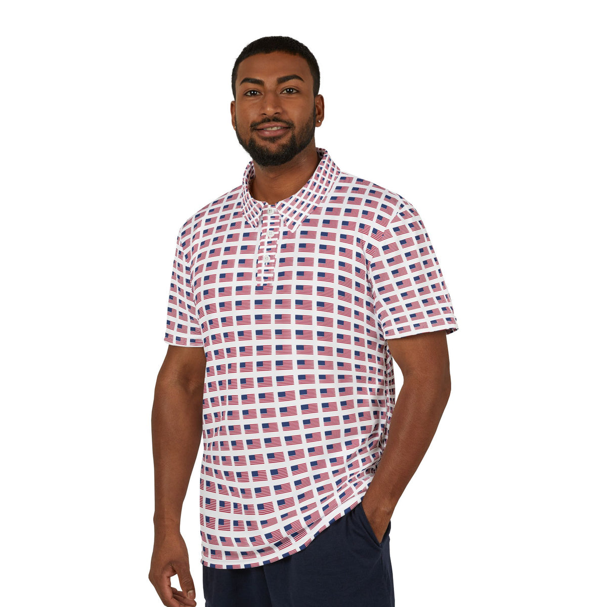 American Flag Grid Polo Shirt — All-Over Print Patriotic Polo